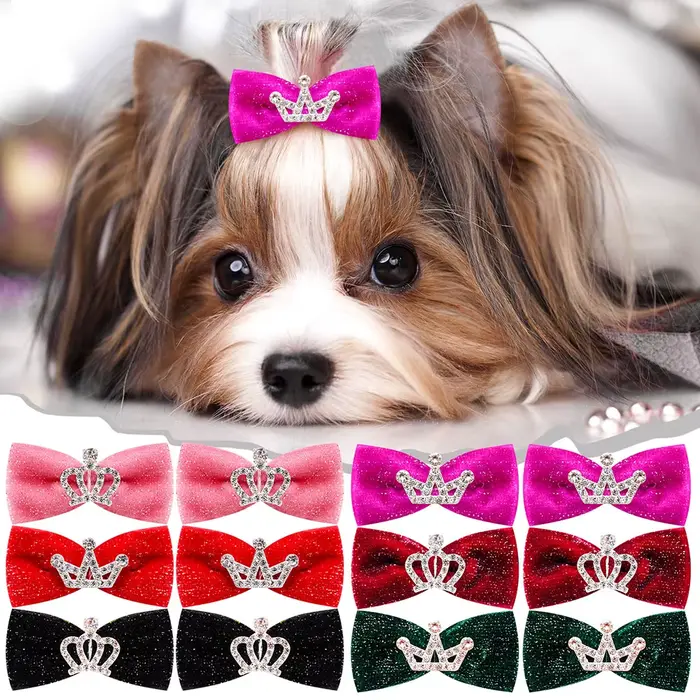 10 pièces paillettes chiens arc épingle à cheveux chiot couronne arc Clips pour chien reine chat chi