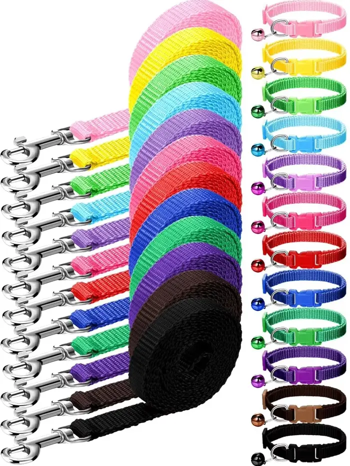 Lot de 24 colliers et laisses pour chien, en nylon réglable, motif patte, avec clochette, pour chien