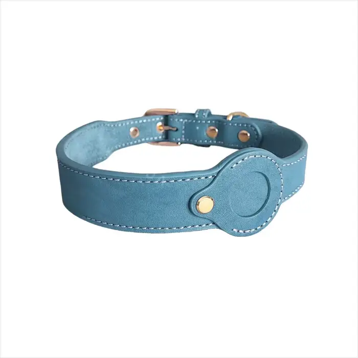 Collier pour chien en cuir véritable AirTag, collier de luxe en cuir de vachette pour chat avec étui