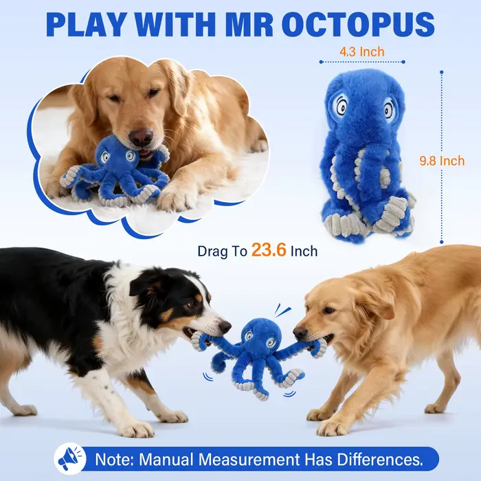 Jouet couineur pour chien Octopus : Peluche interactive pour tirer la balle avec bruit froissé pour petits et grands chiens, chiots, bleu