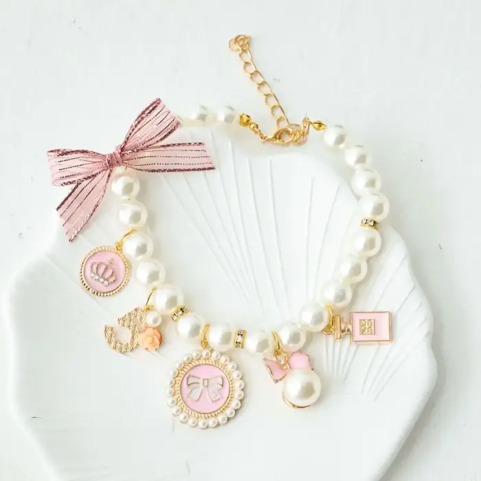 Collier de perles avec nœud pour animaux de compagnie, bijoux pour chat, pendentif de princesse, déc