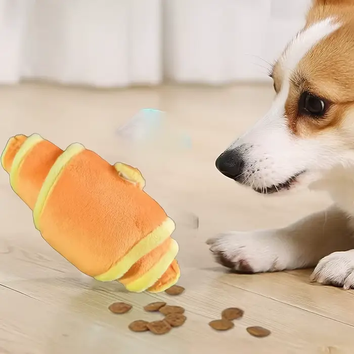 Jouet en peluche en forme de croissant pour animaux de compagnie, jouet couineur en forme de pain pour chiens et chats, jouet à mâcher doux, jouet interactif pour chats et chiens, accessoires pour ani