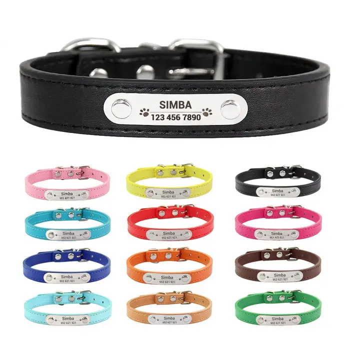 Collier de chien personnalisé avec nom sculpté, ID, Anti-perte, solide, en cuir PU, pour petits, moy