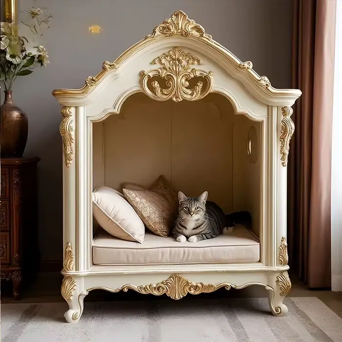 Niches pour chats et chiens en bois massif sculpté, niche de luxe pour chien, villa pour animaux de 