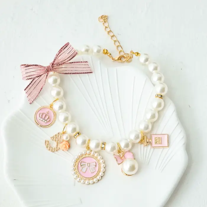 Collier de perles avec nœud pour animaux de compagnie, bijoux pour chat, pendentif de princesse, déc