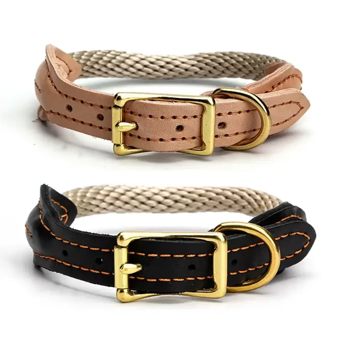 Collier de chien en cuir véritable réglable avec boucle en cuivre
