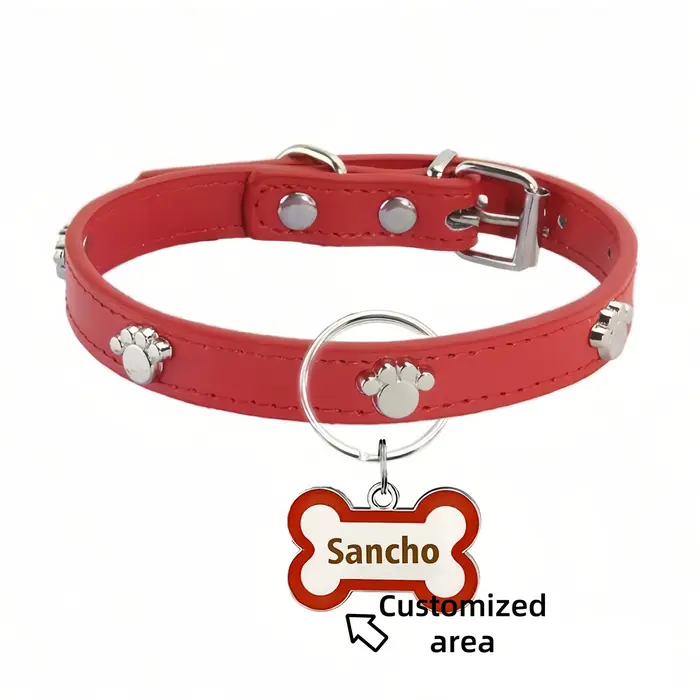 Collier de chien en cuir personnalisé avec étiquette pour animaux de compagnie en forme d'os, nom et