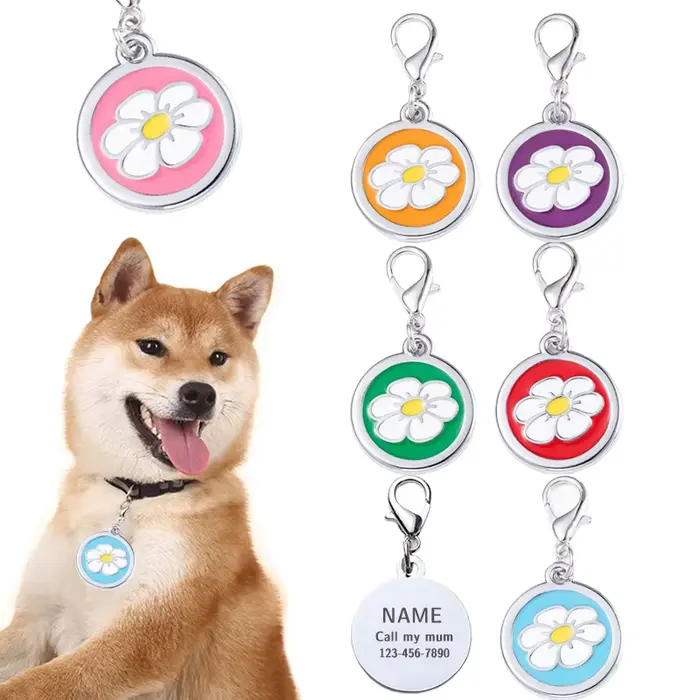 Porte-clé rond en forme de fleur pour chien et chat, carte d'identité personnalisée, nom, accessoire