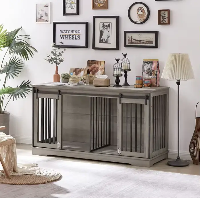 Grand meuble de caisse pour chien, pour 2 chiens, en bois, avec séparateur amovible, porte coulissan