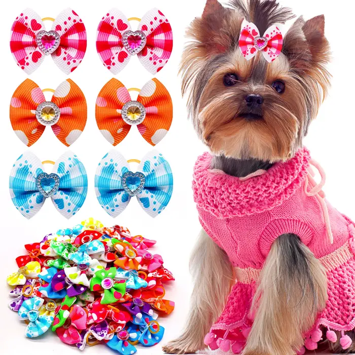 Nœuds de poils de chien avec diamant, 20 pièces, bande de caoutchouc de toilettage colorée pour peti