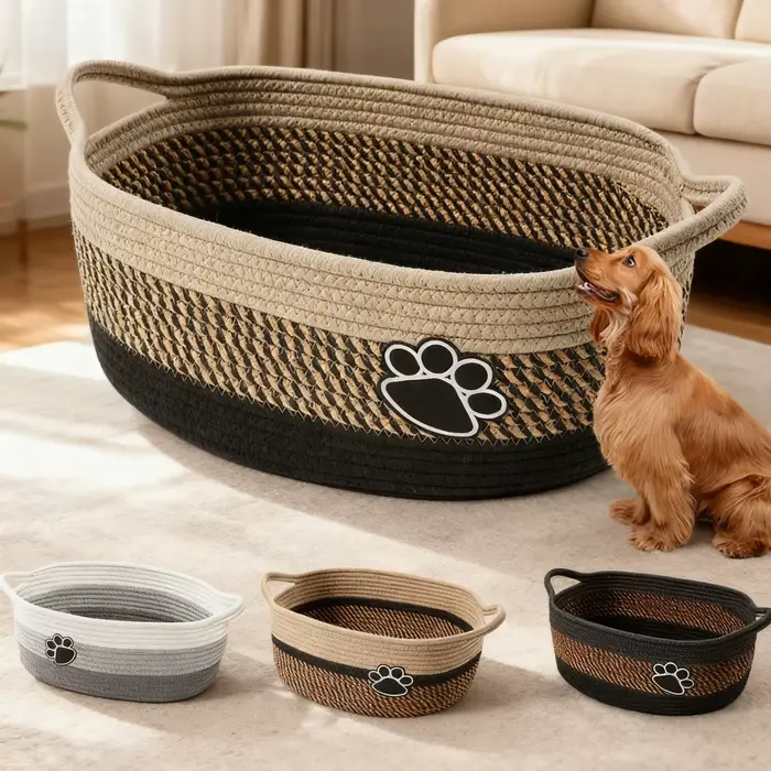 Panier de rangement pour jouets pour animaux de compagnie avec poignée. Tissage artisanal avec des empreintes de pattes