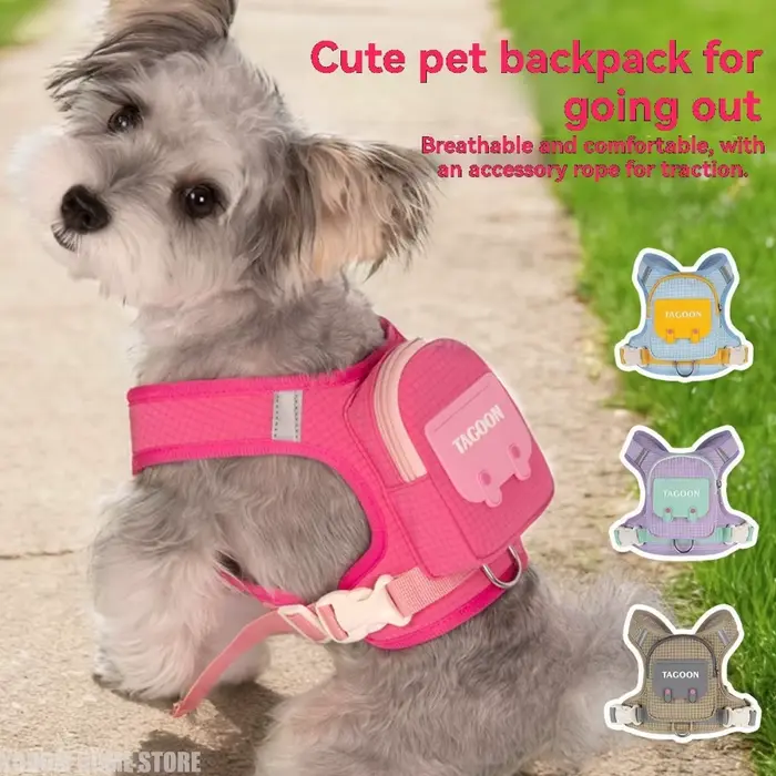 Harnais pour chien avec sac à dos et laisse - Gilet de voyage pour animaux de compagnie avec sac de rangement amovible, laisse de promenade respirante et réglable