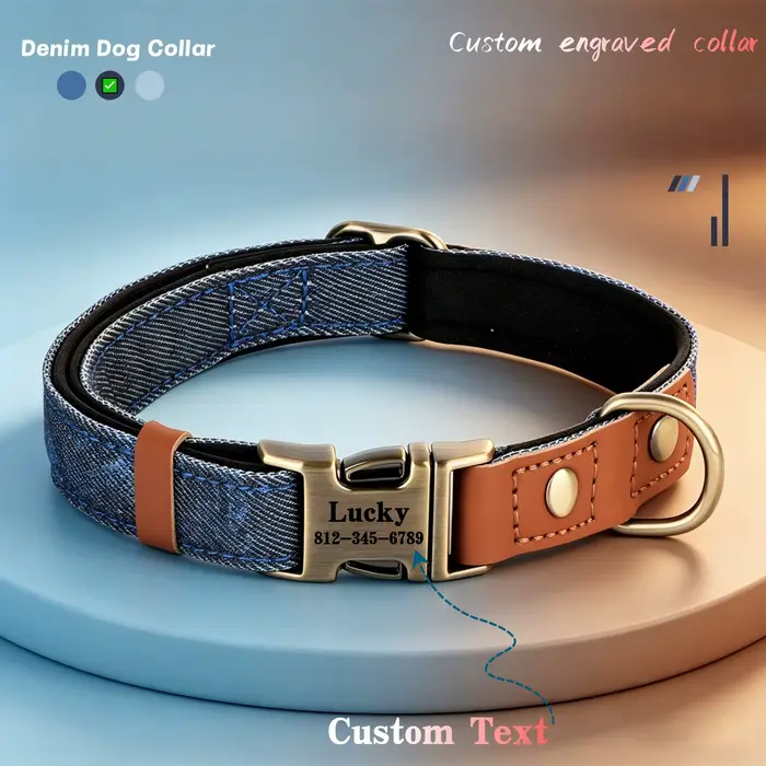 Collier pour animaux de compagnie en denim personnalisable avec boucle métallique gravée à dégagemen