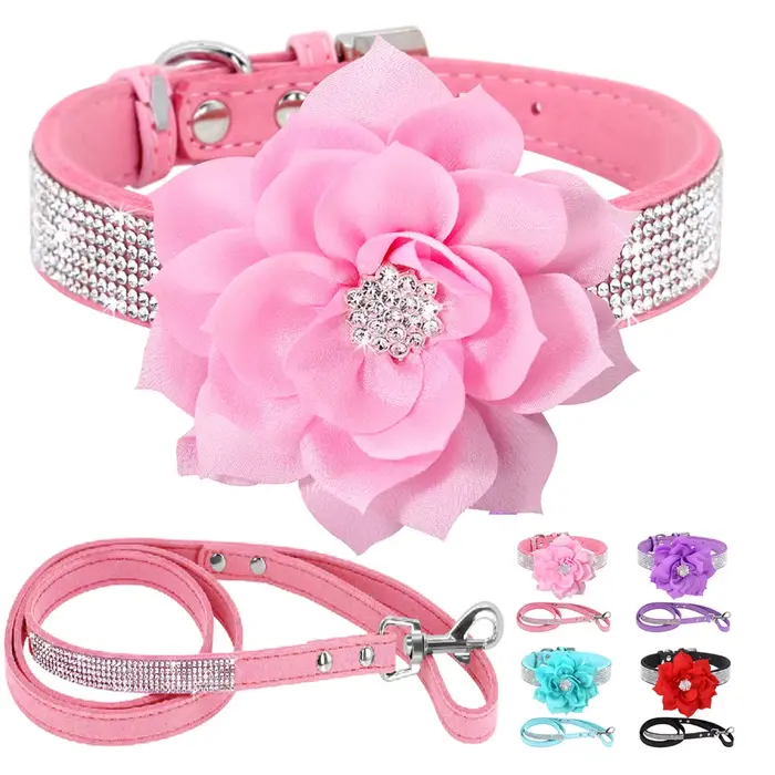 Collier en cuir pour chien avec strass scintillants, mignon collier Floral pour animaux de compagnie