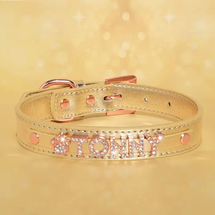 Collier personnalisé pour chien en cuir PU, collier pour chaton et chiot, strass brillants, breloque