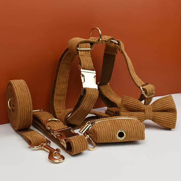 Ensemble collier et laisse pour chien en velours côtelé caramel, plaque nominative gravée sur mesure