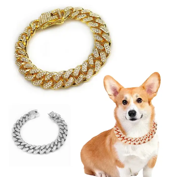 Collier chaîne pour chien en strass, métal or fort, lien cubain, collier de luxe en diamant pour chi
