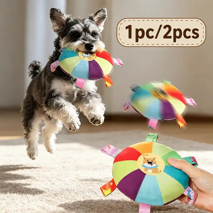 Jouet à mâcher en peluche pour chien avec clochette, jouet interactif de tirage et de lancer, disque volant doux, jouet de dentition avec languettes en tissu pour petits chiens et chiots