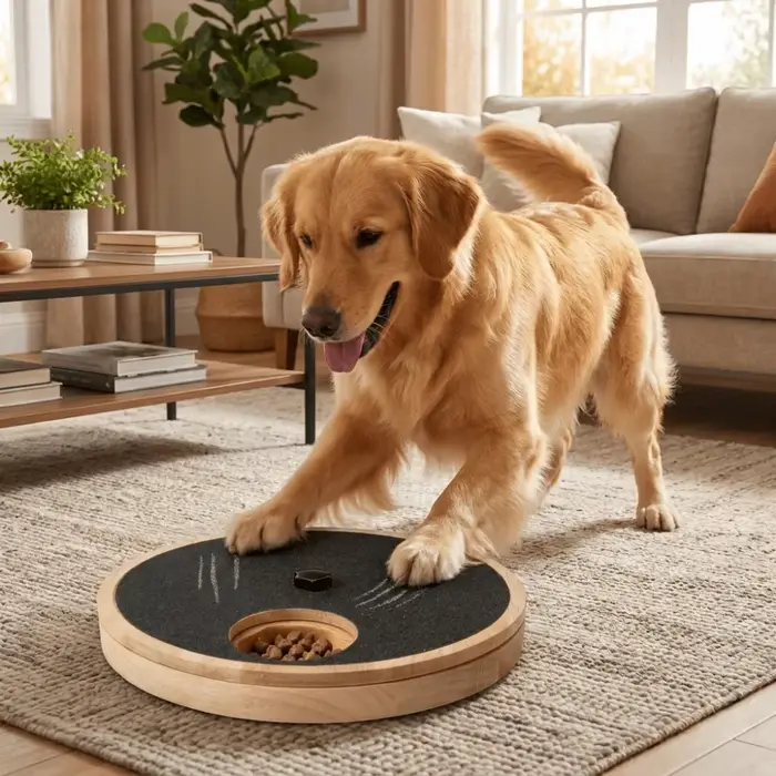 Planche à gratter rotative pour chien en bois massif, ronde, résistante à l'usure, avec boîte à friandises, lime à ongles pour chien, jouet pour chiens