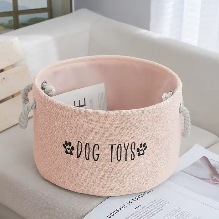 Grand panier de rangement pour jouets de chien en tissu simili lin - Organisateur rond spacieux
