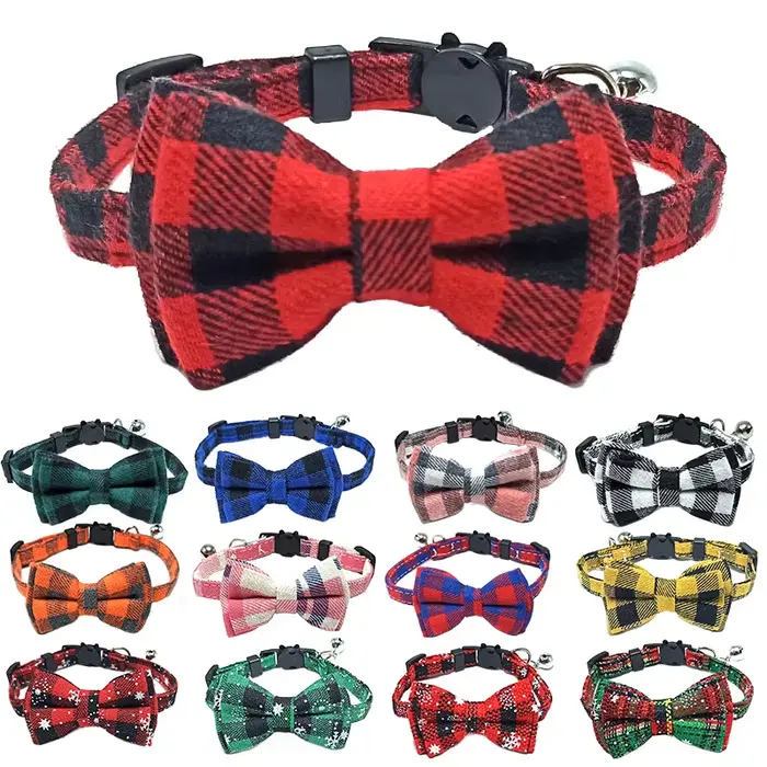 Collier pour chat détachable pour animaux de compagnie, nœud papillon et cloche, mignon Plaid de noë