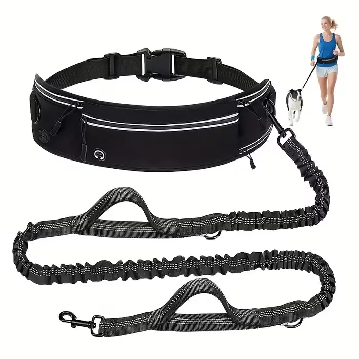 Laisse pour chien mains libres avec sac banane de course, corde élastique rétractable. Réfléchissant
