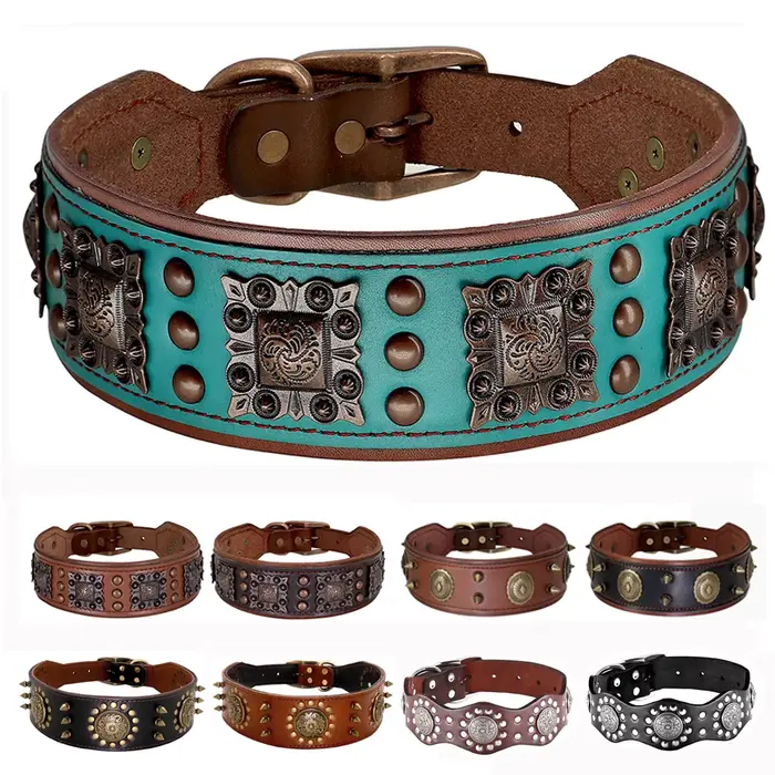 Collier de Luxe en Cuir group pour Chien, Accessoire Durable avec Pointes Cool de 2 Pouces de Large,